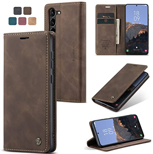 owlhold Hülle Samsung S23 Plus klapphülle Premium Lederhülle Weiches Vintage-Nubukleder Faltbare Ständer Schutzhülle Kartenfach Standfunktion klapphülle Samsung Galaxy S23 Plus 5G-Kaffee