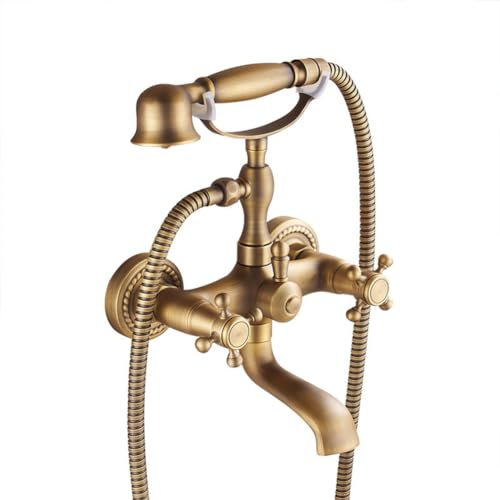 Robinet De Baignoire Robinet Douche Mural Retro Traditionnel Style Laiton Double Poignée Mitigeur De Baignoire Avec Douchette Et Flexible De Douche (150cm), Robinet De Salle De Bain, Bronze