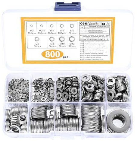 800 x Juego de arandelas planas de acero inoxidable, arandelas de seguridad, arandelas separadoras para tornillos, M2 M2.5 M3 M4 M5 M6 M8 M10 M12