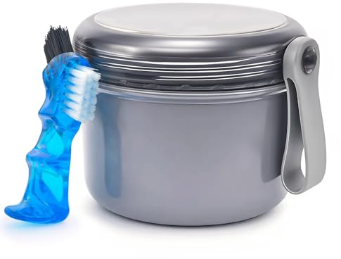 Leak Proof False Teeth Container Denture Box Case Cup, Denture Cleaning Box Dental Retainer Cleaner Box Holder Case Portable for with Strainer Basket and Brush - Grey