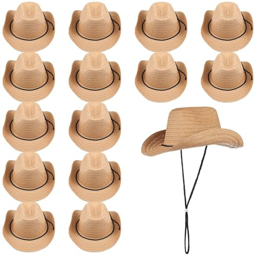 Lot de 15 chapeaux de cowboy en paille à large bord pour homme et femme, chapeau de cowgirl unisexe, chapeau de soleil avec mentonnière réglable pour activités de plein air, fêtes à thème, kaki