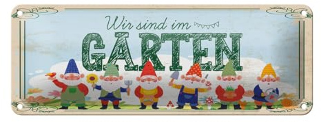 Blechschild 27x10cm gewölbt Wir sind im Garten Gartenzwerge Metall Schild
