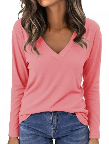 Aottori Haut Femme Mi Saison Col V Coupe Ample Couleur Unie Rouge S
