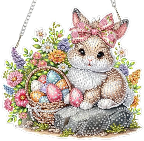 Diamond Painting Anhänger, Niedlicher Osterhase mit Blumen, DIY Diamant Painting fensterdeko hängend, Frohe Ostern, Diamond Art Fensterbilder, Wandbehang Kits für Fenster Wand und Eingang Decor