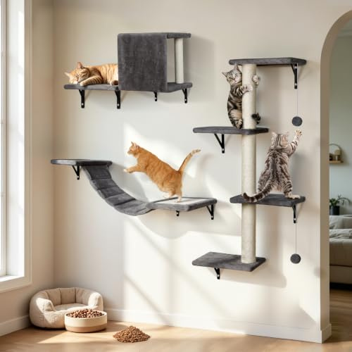 Masthome Cat Wall Furniture Set, 4-in-1 Stable Wall Mounted Cat Shelves with Scratching Post, 4-Step Ladder, Play Tower & Cat House for Indoor Cats - Grey