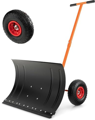 HOMFME Snow Pusher Shovel with Wheels, Rolling Manual Snow Shovel with Adjustable Handle & 74cm Wide Blade, Portable Snow Removal Tool for Driveway Garden Pavement
