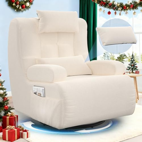 Gegcucey 3-in-1 Relaxsessel, 360°Drehsessel,Extragroßer,Gepolsterter Hochlehner-Sessel mit 2 zusätzlichen Kissen, 2 Seitentaschen,Gepolstertem Sitzkissen und Rückenlehne, Akzent-Relaxsessel (Beige)