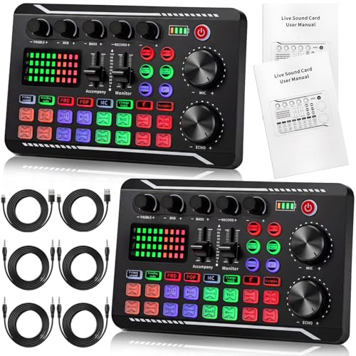 ZeahVeyora 2 Pack Professional F998 Audio Mixer Sound Card Bundle Portable Podcast Equipment Interface with Sound Effects & Voice Changer, Perfect for Live Streaming, Recording, Gaming