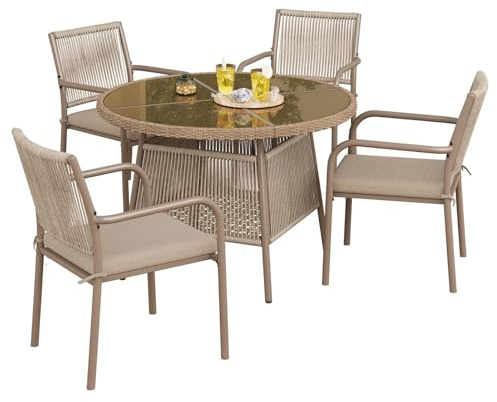 Mixtric Ensemble Mobilier Jardin Rotin, Table et Chaises Jardin pour 4 Personnes Comprenant 1 Table et 4 Chaises, Ensemble Repas D'ExtéRieur 4 Places à Structure Fer, pour Terrasse Balcon Deck,Marron