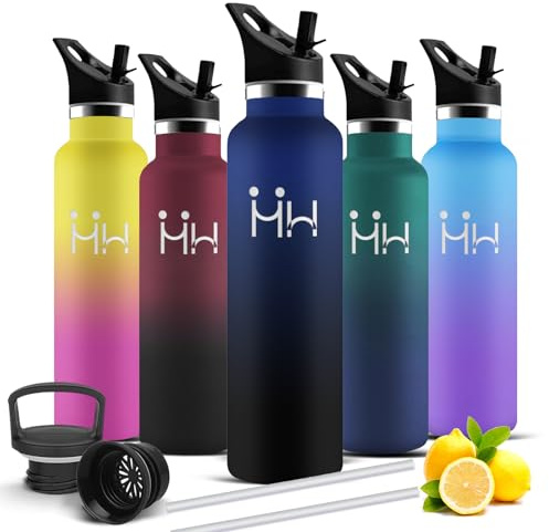 Botella Agua Acero Inoxidable, Botella Termica 1 litro, sin BPA, Botellas con Pajita, A Prueba de Fugas, Cantimplora Acero Inoxidable, Aislamiento al Vacío, para la Senderismo, Triatlón, Deportes
