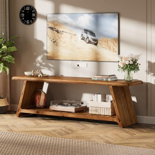 Tribesigns Solid Wood TV Stand, Farmhouse Media Console for 50/55/60 inch TV, 2-Tier Open Storage Shelves, Brown Rustic TV Table, Entertainment Center for Living Room