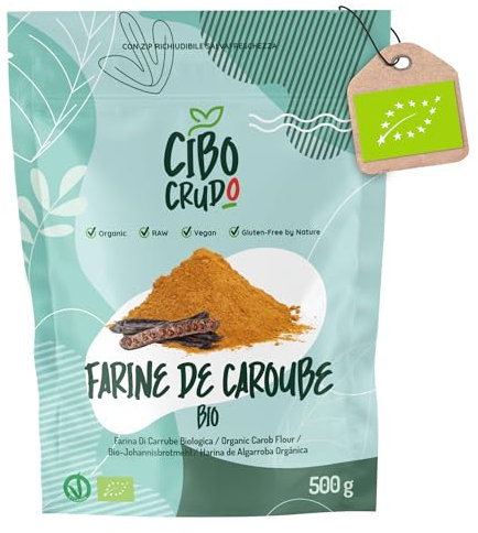 Poudre de Caroube Bio - 500g. Farine de Caroube Alimentaire Sans Sluten pour Glaces. Poudre de Farine de Oulpe de Caroube. Raw Organic Carob Powder.