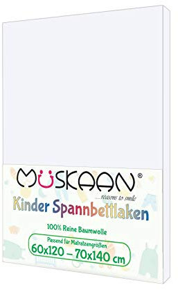 Müskaan Jersey Spannbetttuch Spannbettlaken Bettlaken 100% Baumwolle Öko-Tex Standard 100 (Weiß, 60x120-70x140 cm)