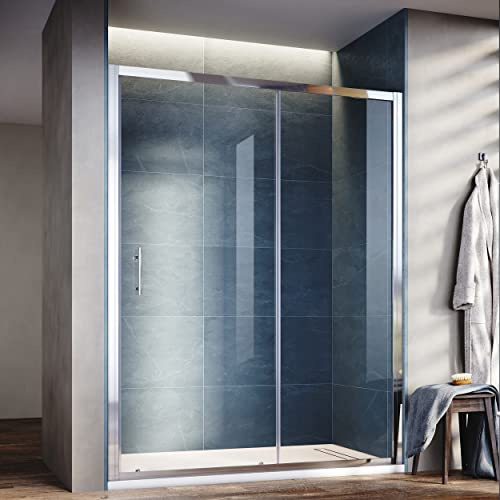 SONNI Schiebetür für Nische aus 5 mm ESG-Sicherheitsglas, 150 × 185 cm | Silber eloxiertes Doppelprofil, leichtgängiges Schiebesystem, Edelstahlgriff, beidseitig montierbar