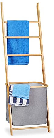 Relaxdays Toallero Escalera con Cesto para Colada, Bambú-Tela, Beige-Gris, 139 x 43.5 x 33 cm