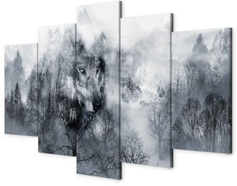murando - Wandbilder XXL Wolf 200x100cm 5 tlg - Wand Deko Leinwand Bilder Groß Wanddeko Wohnzimmer Schlafzimmer Kunstdrucke - Wald g-A-0139-b-m