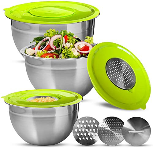 XSQUO Useful Tech Set de 3 Boles de acero multi-función con tapa hermética y tres discos ralladores de acero inoxidable. Gourmet Tools
