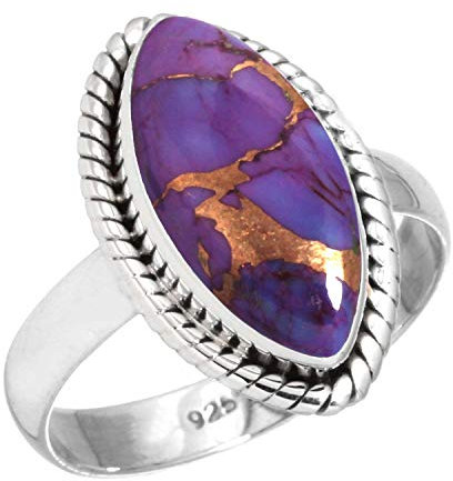 Jeweloporium Bague en argent et cuivre turquoise violet, taille 65, bague en argent sterling 925 pour femme, bijou fait main avec pierres précieuses marquise
