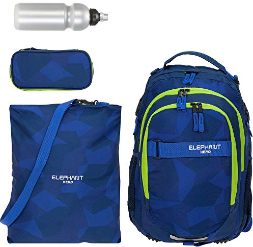 Elephant Schulrucksack 4tlg. Set Hero 12770 Blue Cyber Camo NEON rtmf | Signature Rucksack + Sportbeutel Turnbeutel Attach Bag + Mäppchen Stiftebox + Flasche Blau