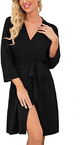 PrinStory Womens Robe Lightweight Short Knit Bathrobe Soft Ladies Sleepwear with Pockets Black-Large