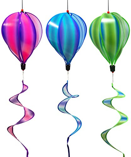 timecity 3 Stück Heißluftballon-Windspiel, bunt, Garten, Windrad, Windrad, Windrad, gestreift, Batik, Windsack, rotierende Pailletten, Windmühle, Windtwister zum Aufhängen
