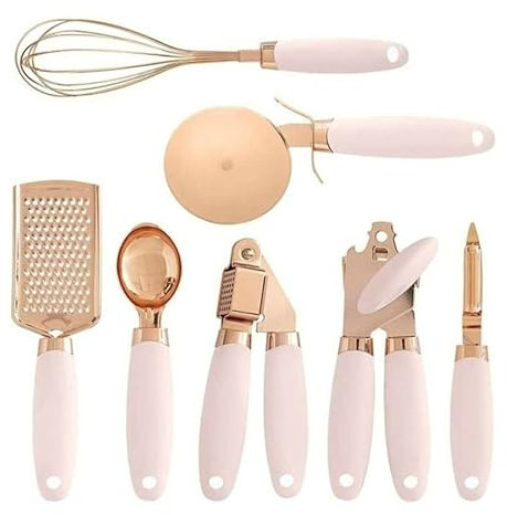 7-teiliges Küchenhelfer-Set aus Edelstahl, Eisportionierer, Schäler, Knoblauchpresse, Käsereibe, Schneebesen (Rosa)