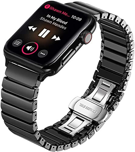 MaKTech Ceramic Link Bracelet Band Compatible with Apple Watch Series 11/10/9/8/7,SE 3/2/1 [2025] (42mm/41mm/40mm,Black)