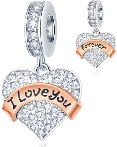 I Love You Forever Heart Charms in 925 Sterling Silver, fits Pandora Valentines Bracelet, Sparkle CZ Pendant Beads, Gift for Couple/Bridal/Girlfriend