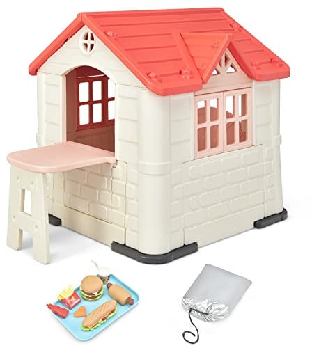 DREAMADE 164x124x132cm Spielhaus Kinder für drinnen und draußen, Kinderspielhaus mit Fenstern & Tür & Picknicktisch, Gartenhaus für Jungen und Mädchen ab 3 Jahren, inklusive Zubehör (Rosa)