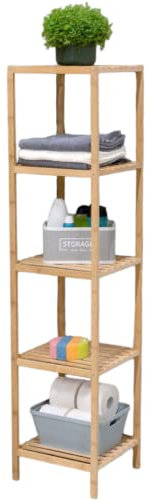 alpina Badregal - Badezimmer Regal aus Bambus – Schmales Küchenregal mit 5 Lattenboden – Regale mit Lackiertes Bambusholz und Rutschfesten Füßen – 33 x 32 x 141 cm
