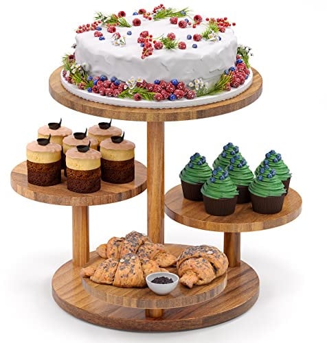 4 Tiers Acacia Wood Cupcake Stand Sturdy Flower Cupcake Tower for 50 Cupcakes Tiered Serving Tray for Baby Showers Halloween Graduation Wedding or Birthday Party