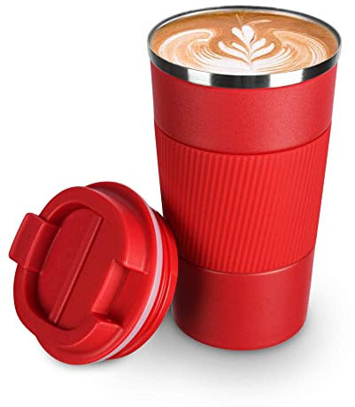 camako Coffee Cup Insulated, Reusable Travel Stainless Steel Mug with Leakproof Lid & Eco-Friendly for Coffee (18oz/510ml, Red)
