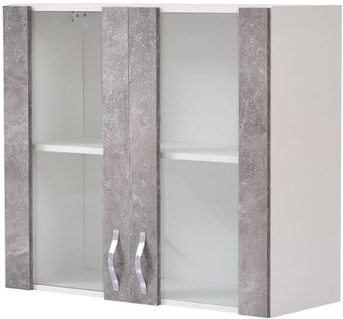 Shally Dogan Armario Colgante de Cocina con Cristal, Armario suspendido de Pared acristalada de Madera, Dos Puertas, 2 Compartimentos, Armario Espacioso Resistente, Gris Cemento, 80 x 32 x 72 cm