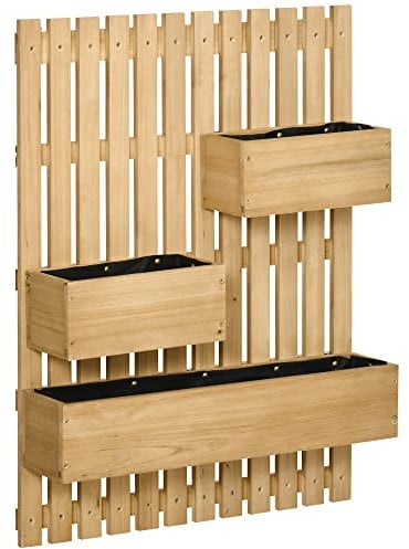 Outsunny Jardinera de Pared con Enrejado Jardinera Vertical de Madera con 3 Macetas Móviles y Orificio de Drenaje para Exterior Jardín Terraza Patio 60x16x80 cm Natural
