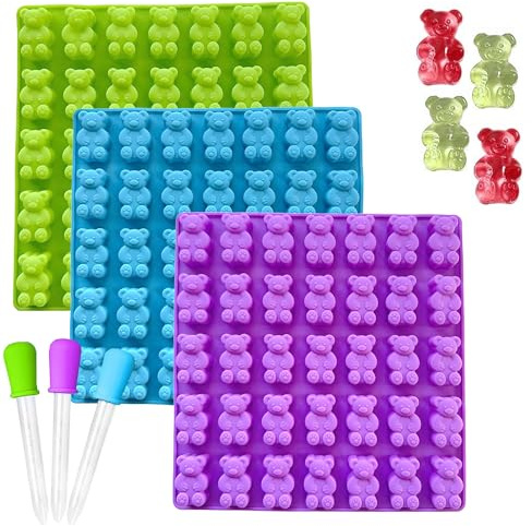 Dicke und große Gummibärchenform für essbare Lebensmittel, BPA-frei, Teddybär-Silikonformen für Süßigkeiten, Set mit 3 Gummibären, Silikon mit 3 Pipetten (grün, lila, blau)