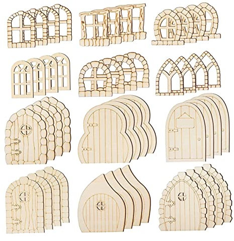 OnIUeZky Feen -Tür -Holz -Feen -Türen für Baum unfertiger Mini Fenster Feenhaus DIY Kit Gartenzubehör 48 PCS Style 2 Outdoor -Statuen