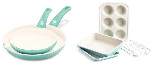 GreenLife Juego de 2 Sartenes Soft Grip de 18 cm y 16 cm, y 4 piezas para horno tostador de Cerámica Saludable Antiadherente, Sin PFAS, Apto para Lavavajillas y Horno, Turquesa