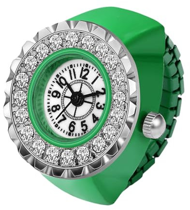 JewelryWe Ringuhr Fingeruhr Damen Elastisch - Elegant Glitzer Strass Rund Analog Quarz Fingerringuhr Ring Uhr Uhrenring mit Grün Legierung Elastisch Band