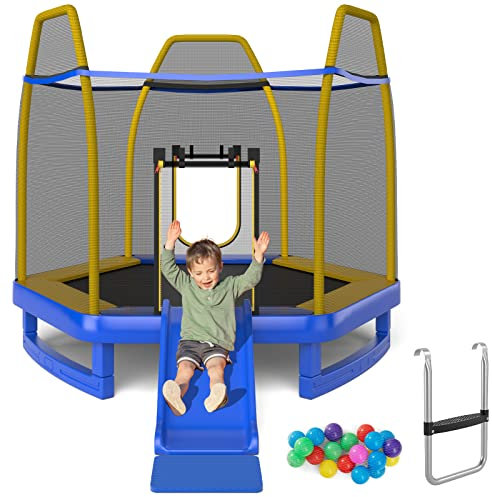 GYMAX 7FT Kids Jumping Trampoline with Safety Enclosure Net, Slide, Ladder and Spring Cover - Outdoor & Indoor (Blue)