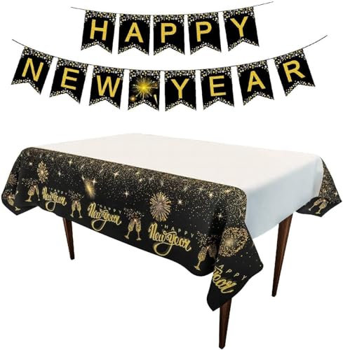 Dusenly Happy New Year Banner Schwarz Gold Glitzer 2024 Silvester Party Wimpelkette mit Happy New Year Tischdecke Tischdecke für 2024 Neujahr Party Dekoration