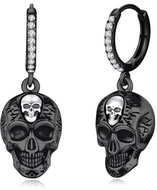 REDSUN Totenkopf Ohrringe 925 Sterling silber Creolen, Damen Schädel Goth Ohrringe,Weihnachten Geschenk für Goth-Liebhaber Damen Herren (Schwarz)