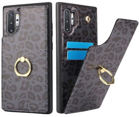 SailorTech für Samsung Galaxy Note 10 Plus Handyhülle mit Kreditkartenhalter für Frauen, Samsung Note 10 Plus Hülle Ring-Ständer Kartenschlitze Standfunktion Tasche für Männer - Schwarzer Leopard