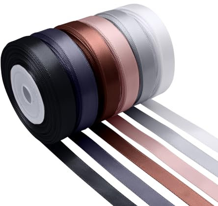 Mlurcu Satinband in Schwarz und Weiß, 0,95 cm breit, grau/braun/silberfarben, Vanilleband, sortiert, einfarbig, doppelseitiges Satinband für Hochzeit, Blumenstrauß, Geschenkverpackung, Haarschleifen,