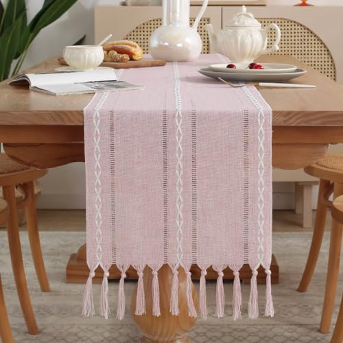 meioro Rustikaler Tischläufer mit Quasten, 33x240cm Landhausstil Boho Table Runner Geflochten Gestreift, Leinen Polyester Tisch Dekoration für Essen Party Urlaub und Hochzeit (Rosa)