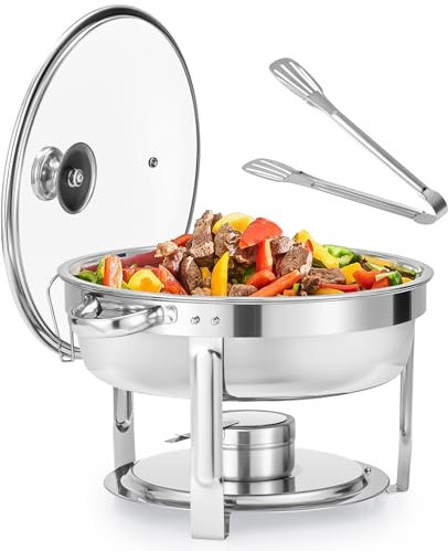 Wilprep 1 PC Calentador de Comida para Buffet de Acero Inoxidable Redondo 5,5 L Calentador de Buffet con Tapa de Vidrio, Bandeja de Calefacción, Chafing Dish para Restaurantes, Catering, Fiesta, Boda