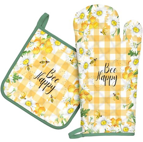 Arquiel Bee Daisy Oven Mitts and Pot Holders -100% Cotton, Heat Resistant Extra Long Oven Gloves & Hot Pads for Cooking BBQ Grilling Baking Gift, Set of 2