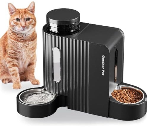 Gardner Pet 2 in 1 Automatic Cat Feeder and Water Dispenser 3L*2, Cat bowls with Stainless Steel Bowl, Gravity Dog Water Dispenser, 100% BPA-Free, No Electricity Required, Black