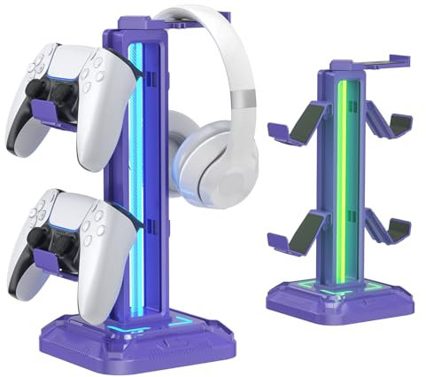 KDD Headset Stand with 9 Light Modes - Gaming Controller Holder for Desk - Rotatable Headphone Stand & Detachable Controller Hook for Gamer Gaming PC Xbox ONE PS5 Earphone Accessories(Purple)