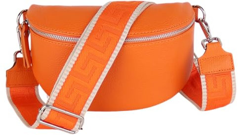 MIRROSI® Bauchtasche Damen, Echtleder, Made in Italy, Umhängetasche, Brusttasche, Crossbody Bag (1 Tasche & 2 Gurte) (Orange (Uni), Große Tasche (28x18x9cm))