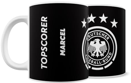 DFB Fanartikel Tasse mit Name personalisiert I Kaffeetasse für Fans der Nationalmannschaft (0,3l) mit DFB Logo I Geschenk für Fußballfans (Porzellan, Top Scorer Schwarz Weiss)